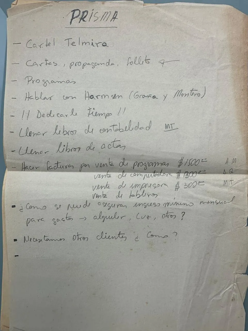 Lista de pendientes manuscrita de PRISMA en 1990
